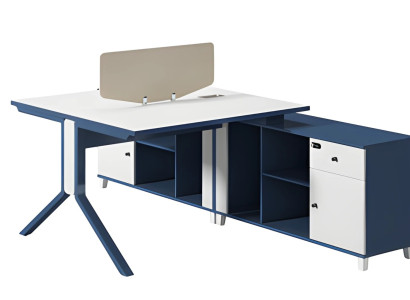 Blå og hvidt skrivebord med skuffe, opbevaringsplads og moderne metalben