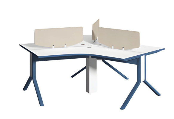 Blå og hvidt hjørneskrivebord med skillevæg til at organisere kontoret
