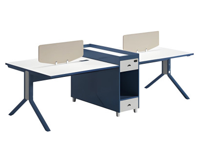 Moderne dobbelt skrivebord med skillevæg og opbevaringsplads til kontor