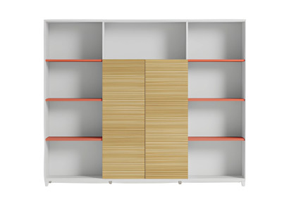 Elegant kontorarmatur med hylder i træ og orange accenter