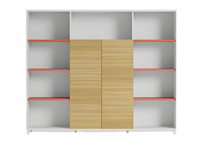 Elegant kontorarmatur med hylder i træ og orange accenter