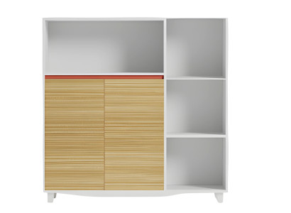 Elegant kontor skab med hylder i træ og rød accent