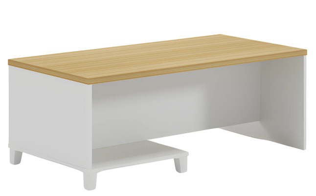 Moderne lavtabel med hvid krop og træplade til en elegant stue