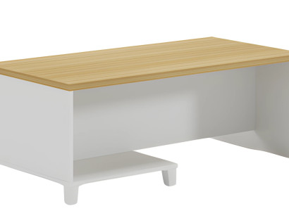 Moderne lavtabel med hvid krop og træplade til en elegant stue