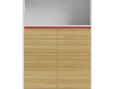 Moderne kontor skab med hylder i træ og rød accent for et elegant design