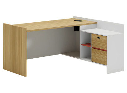 Modulært skrivebord med træeffekt og opbevaringsplads og hylder