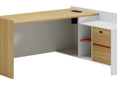 Modulært skrivebord med træeffekt og opbevaringsplads og hylder