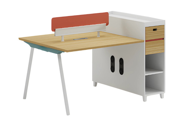 Træbord med ryg, opbevaringsplads og hylder, moderne design