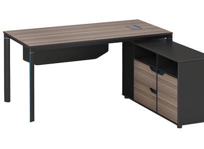 Moderne hjørnebord i brunt og sort træ med opbevaringsplads