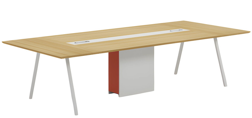 Moderne konferencebord med naturlig hvid-orange træeffekt og kabelkanal