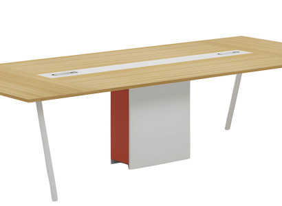 Moderne konferencebord med naturlig hvid-orange træeffekt og kabelkanal