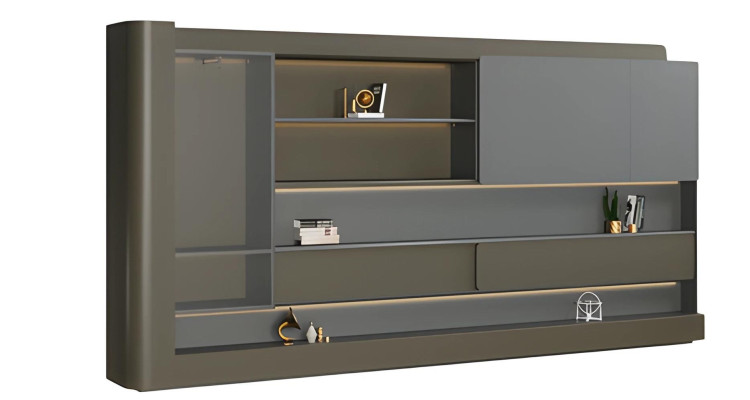 Moderne sort kontor skab med grå LED-belysning og opbevaringsplads