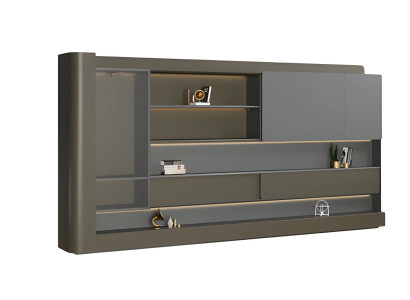 Moderne sort kontor skab med grå LED-belysning og opbevaringsplads