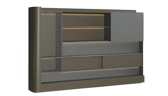 Moderne sort kontor skab med grå LED-belysning og opbevaringsplads