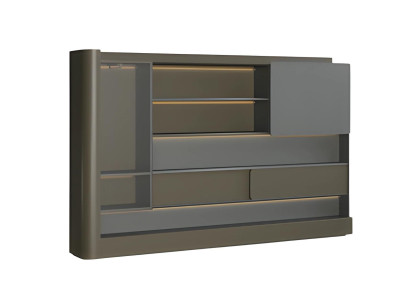 Moderne sort kontor skab med grå LED-belysning og opbevaringsplads