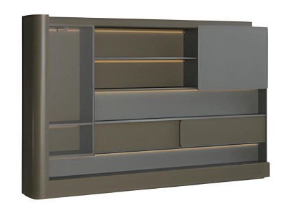 Moderne sort kontor skab med grå LED-belysning og opbevaringsplads