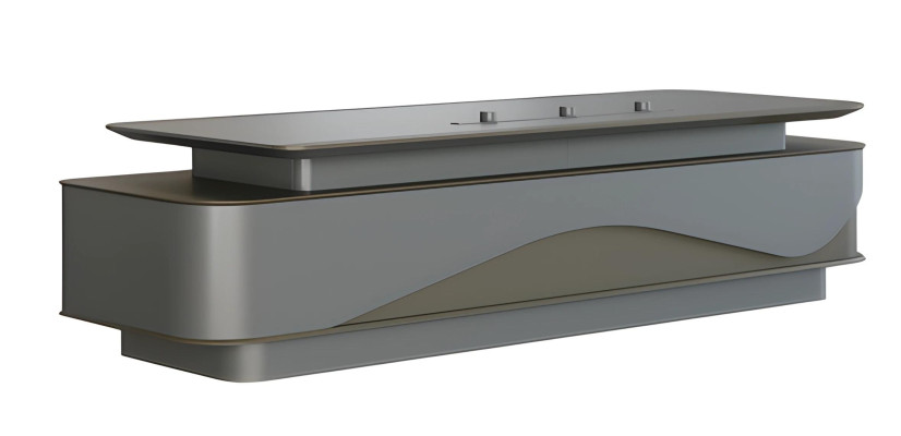 Moderne skrivebord i grå og sort med luksuriøs opbevaringsplads og kabelstyring