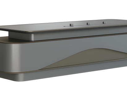 Moderne skrivebord i grå og sort med luksuriøs opbevaringsplads og kabelstyring