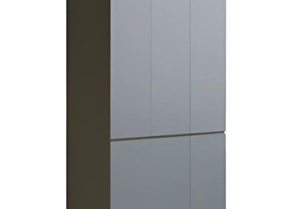 Moderne grå kontorskab uden håndtag, højt, med opbevaringsplads, i en enkel stil