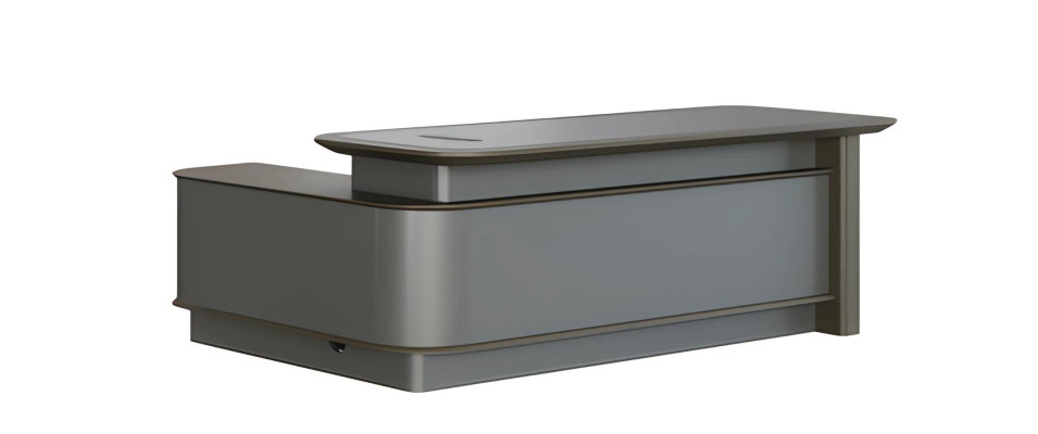 Moderne grå skrivebord med opbevaringsplads og kabelgennemføring