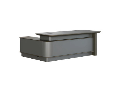 Moderne grå skrivebord med opbevaringsplads og kabelgennemføring