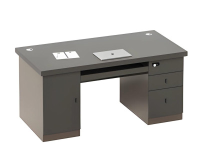 Sort grå bord med opbevaringsplads og skuffer, kabelkanaler, lås