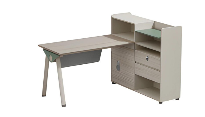 Moderne beige-grå skrivebord med opbevaringsplads, plade, skuffer og glaslås