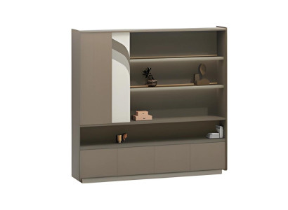 Moderne brun træ kontorskab med hylder og skuffer til opbevaring på kontoret