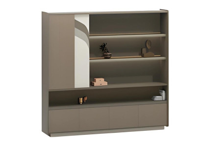 Moderne brun træ kontorskab med hylder og skuffer til opbevaring på kontoret