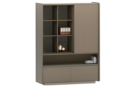 Moderne brunt træ kontorskab med hylder og skuffer til dokumenter