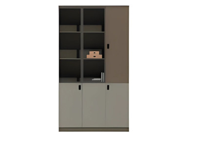 Moderne brun-grå kontorskab med hylder og døre