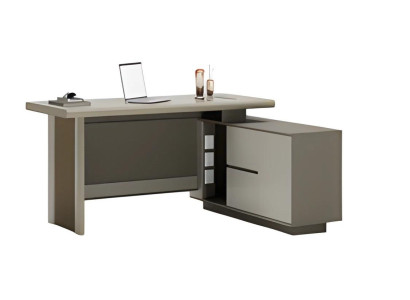 Grå og beige skrivebord med skuffer og rum til organisering