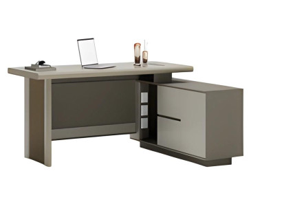 Grå og beige skrivebord med skuffer og rum til organisering