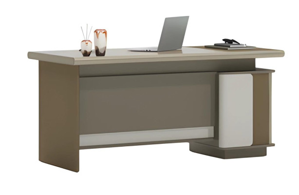 Brun og gråt skrivebord med skuffer og opbevaringsplads