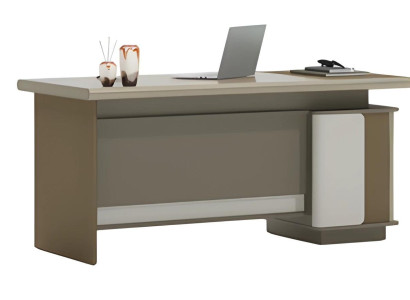 Brun og gråt skrivebord med skuffer og opbevaringsplads