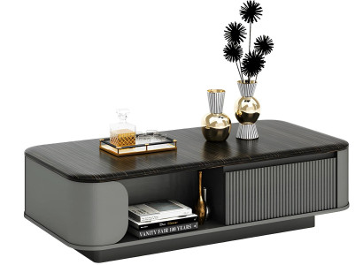 Moderne lavt bord med elegant design med en sort plade og åbne hylder