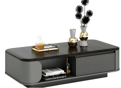 Moderne lavt bord med elegant design med en sort plade og åbne hylder