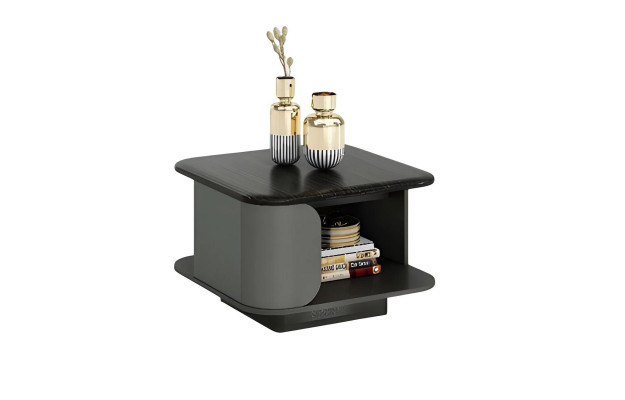 Moderne lavt bord med kompakte dimensioner og åben plade samt sort plade