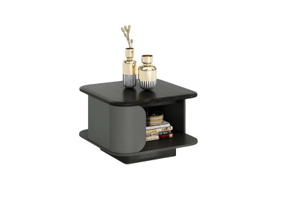 Moderne lavt bord med kompakte dimensioner og åben plade samt sort plade