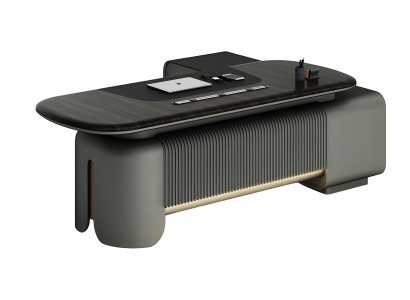 Moderne skrivebord med elegant design og sort bordplade samt belysning