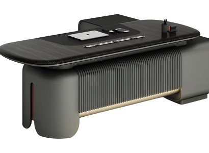 Moderne skrivebord med elegant design og sort bordplade samt belysning