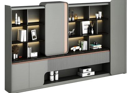 Moderne kontor skab med åbne hylder, LED-belysning, enkel elegance, grå design