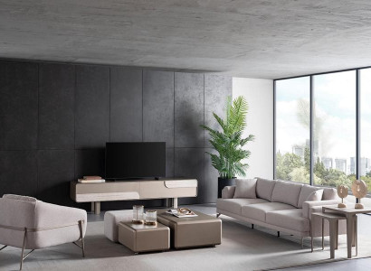 Møbelensemble til stuen med moderne og stilfuld beige betræk