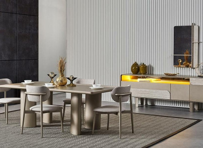 Elegant spisebordssæt i beige træ med stole og konsol