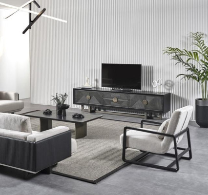 Moderne møbelensemble til stuen i brun stof med lænestol