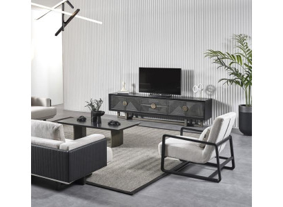 Moderne møbelensemble til stuen i brun stof med lænestol