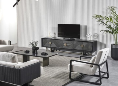 Moderne møbelensemble til stuen i brun stof med lænestol