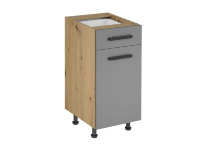 Møbel med skuffer og hylder under køkkenbordet