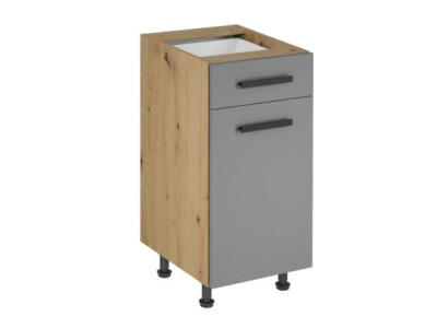 Møbel med skuffer og hylder under køkkenbordet