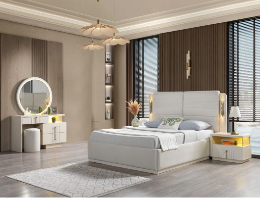 Polstret seng til soveværelset med 2 moderne og elegante natborde, sæt af 5 dele